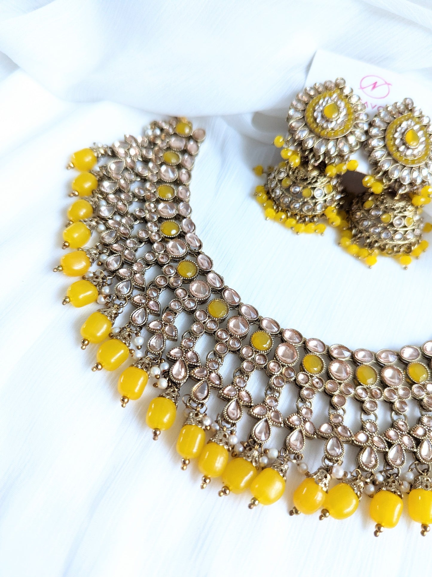 Aaina Jhumka Set - Yellow