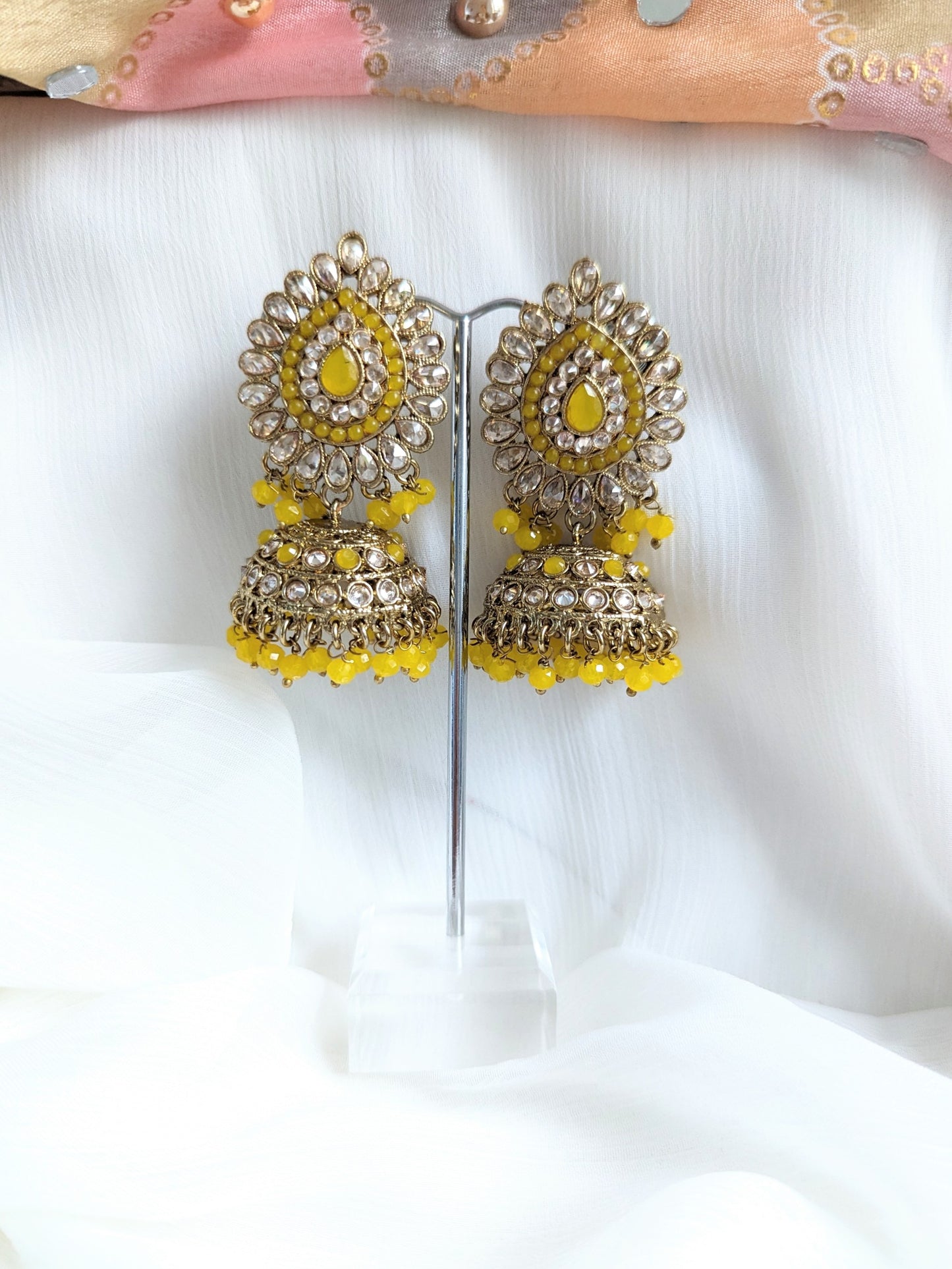 Aaina Jhumka Set - Yellow